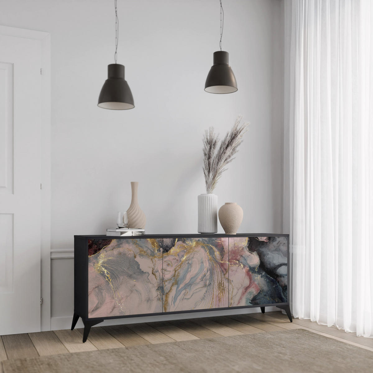 SIDEBOARD GILDED SWIRLS, Eicheneffekt, 164,5x42x77,5 cm, 3 Türen - Eichefarben/Buchefarben, Holzwerkstoff/Buchenholz (164.5/77.5/42cm) - SpaceRebels