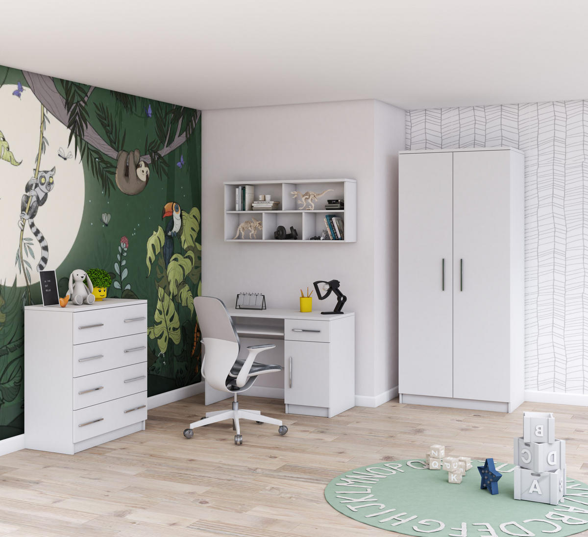 JUGENDZIMMER Arivo in Weiß 4 teilig Kinderzimmer Komplett Set mit Kleiderschrank, Schreibtisch, Kommode und Wandregal - Weiß, Holzwerkstoff (80/200/120cm)