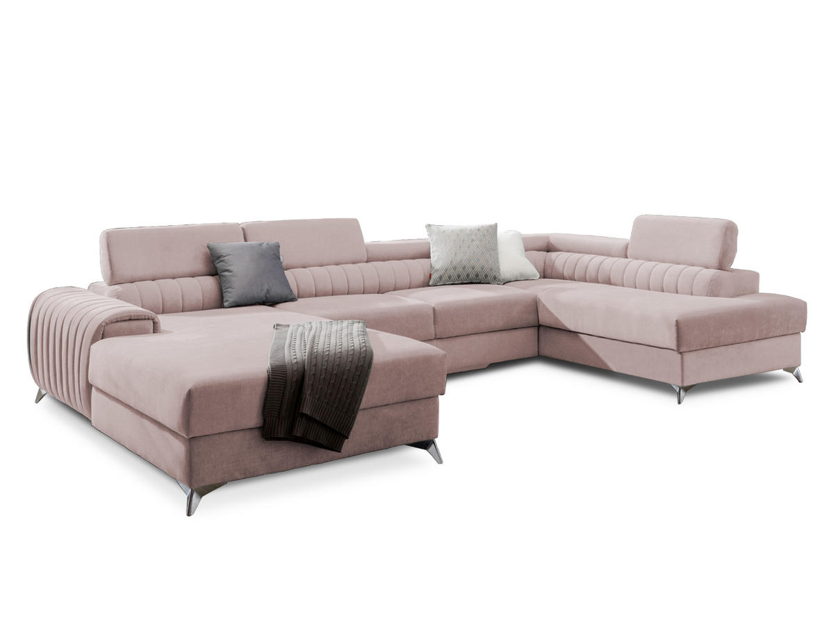 WOHNLANDSCHAFT mit Schlaffunktion und Bettkasten - Chromfarben/Rosa, Textil/Metall (202/92/354cm) - Eltap