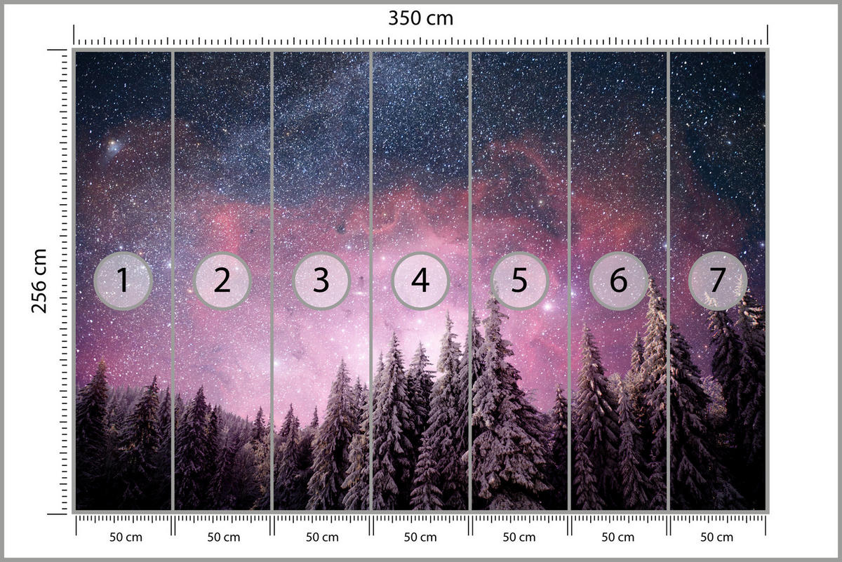 FOTOTAPETE für Schlafzimmer Verzauberter Tannenwald Winter Aurora 350x256 - Violett/Schwarz, Papier (350/256cm) - Muralo