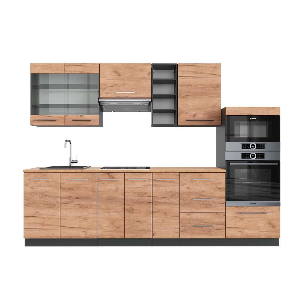 KÜCHENZEILE Fame-Line Goldkraft Eiche/Anthrazit 280 cm, AP Eiche - Honigeiche/Anthrazit, Holzwerkstoff (280/81.6/60cm) - Vicco