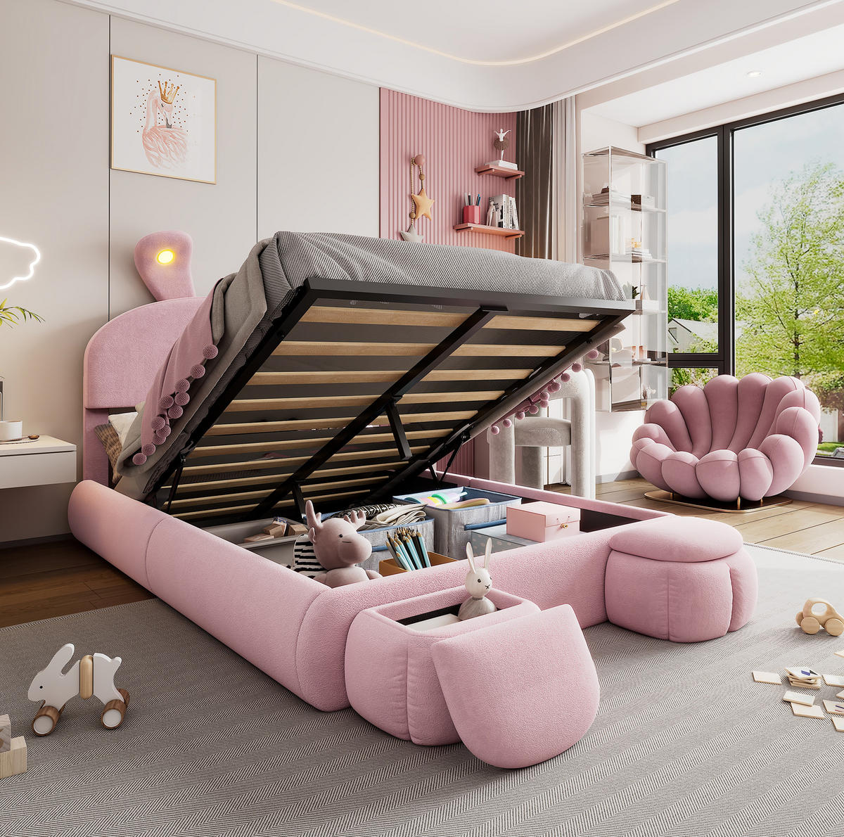 SAMT-POLSTERBETT 140/200 cm mit Bettkasten, LED und Hasenohren-Kopfteil - Rosa, Textil (140/200cm) - BEAOK