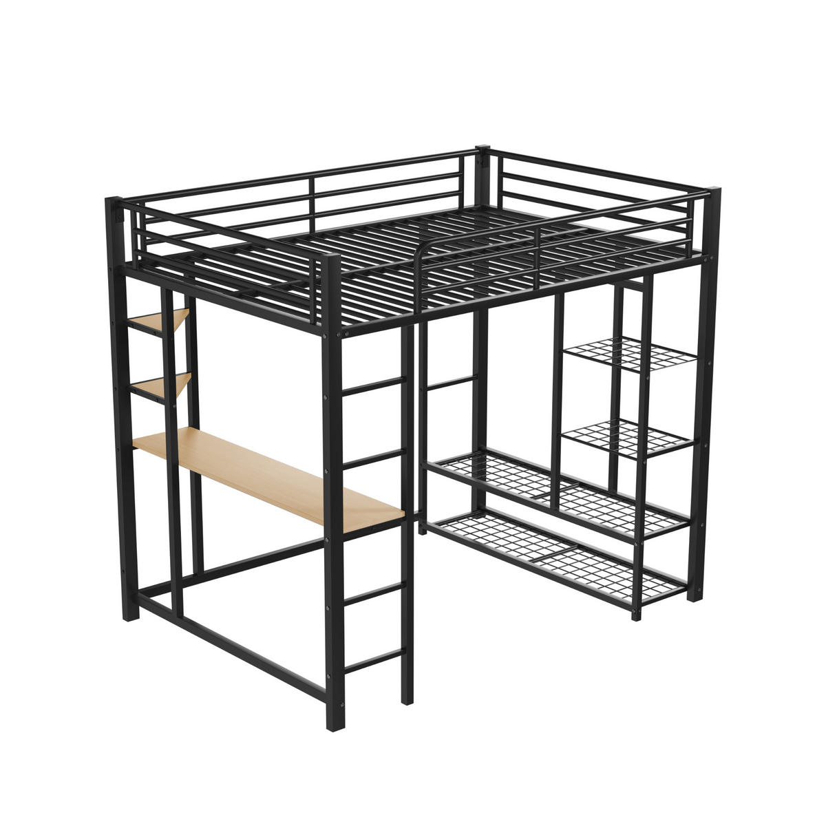 HOCHBETT 140/200 cm schwarz aus Metall mit Schreibtisch und Kleiderstange - Schwarz, Metall (140/200cm) - OKWISH