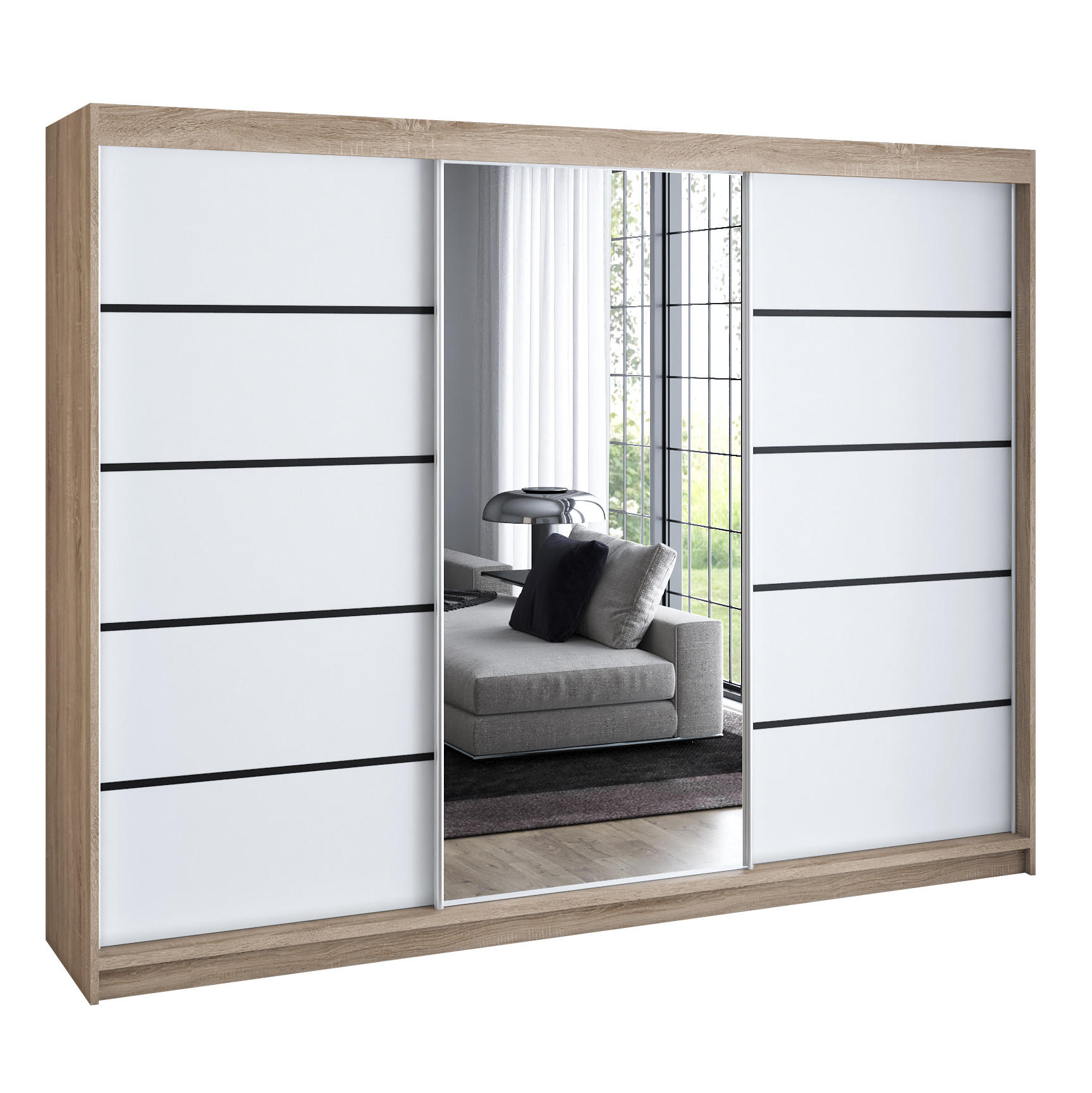 A&J MöbelLand Schwebetürenschrank Braun, Weiß 200x215x59.5 cm
