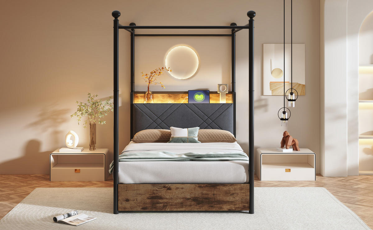 METALLBETT 90x190 cm LED USB Stauraum - Schwarz, Metall (90/190cm) - LEBENLANG