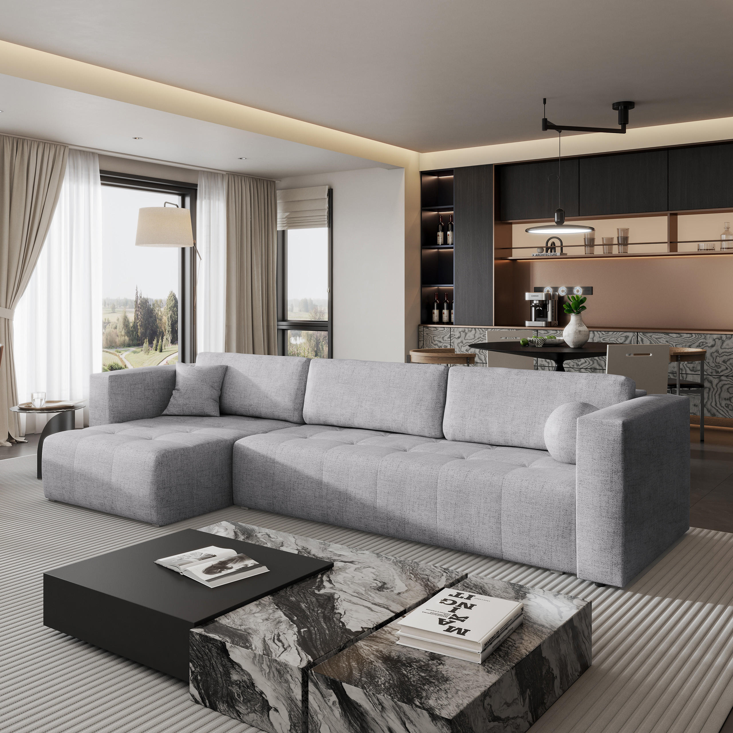 ECKSOFA OLVERA Hellgrau Geflochtener Stoff mit Schlaffunktion - Hellgrau, Holz (347/148cm) - MASSENO