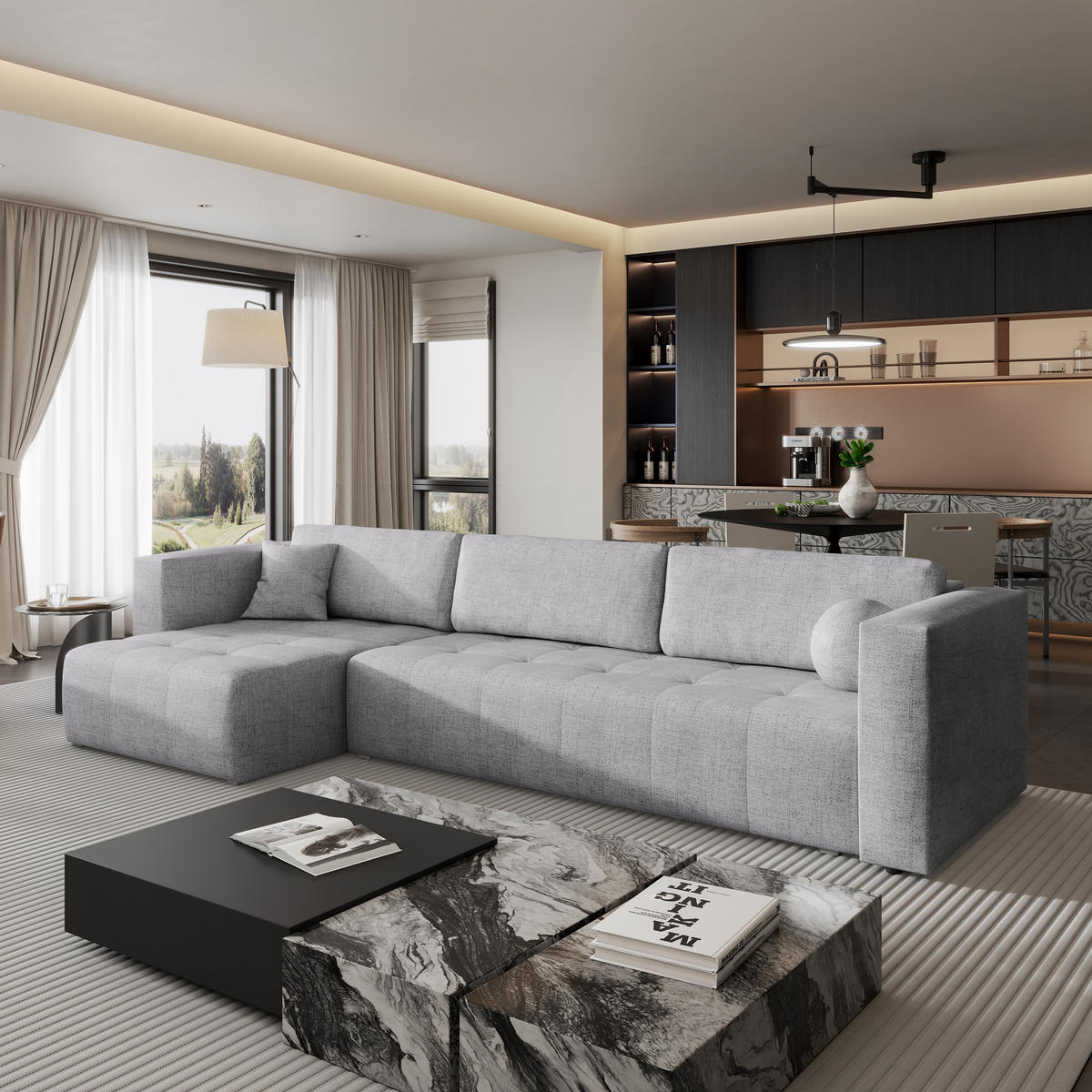 ECKSOFA OLVERA Hellgrau Geflochtener Stoff mit Schlaffunktion - Hellgrau, Holz (347/148cm) - MASSENO