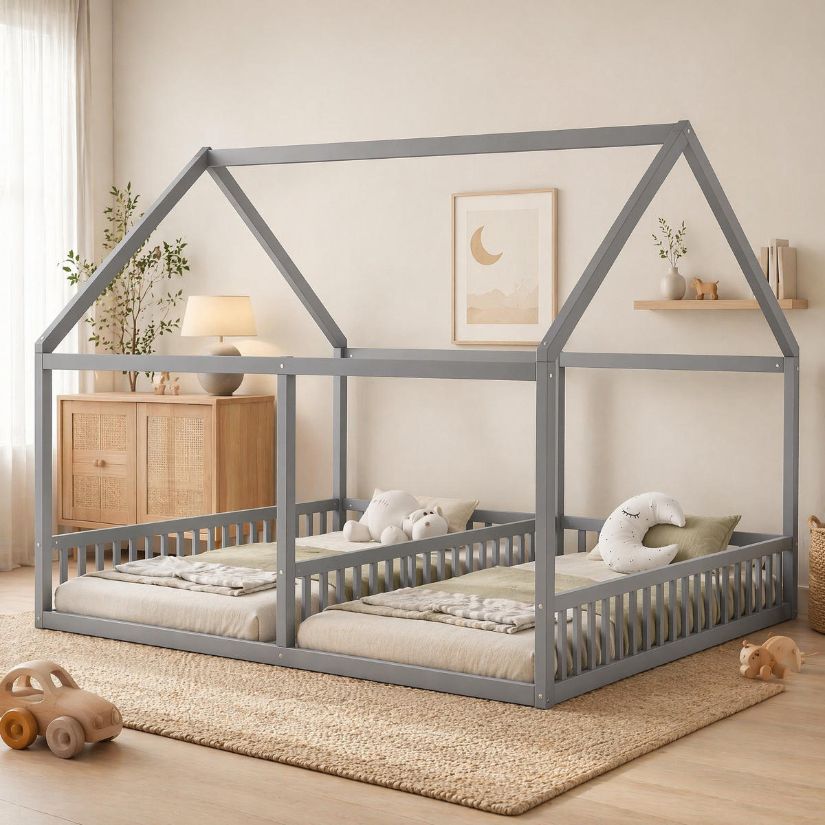 HAUSBETT 90/200 mit Hausdesign und Sicherheitsgeländer in Grau - Grau, Holzwerkstoff (90/200cm) - EVRYAE