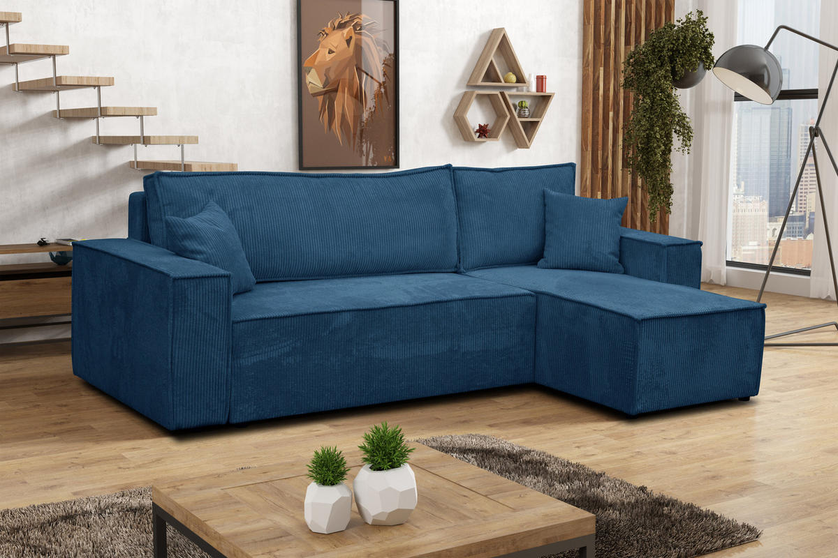 ECKSOFA Hugo L in L-Form mit Schlaffunktion und Bettkasten, Farbe: Blau, Cordstoff, Ottomane Unsiversal - Blau, Textil (244/145cm) - VENASI MÖBEL