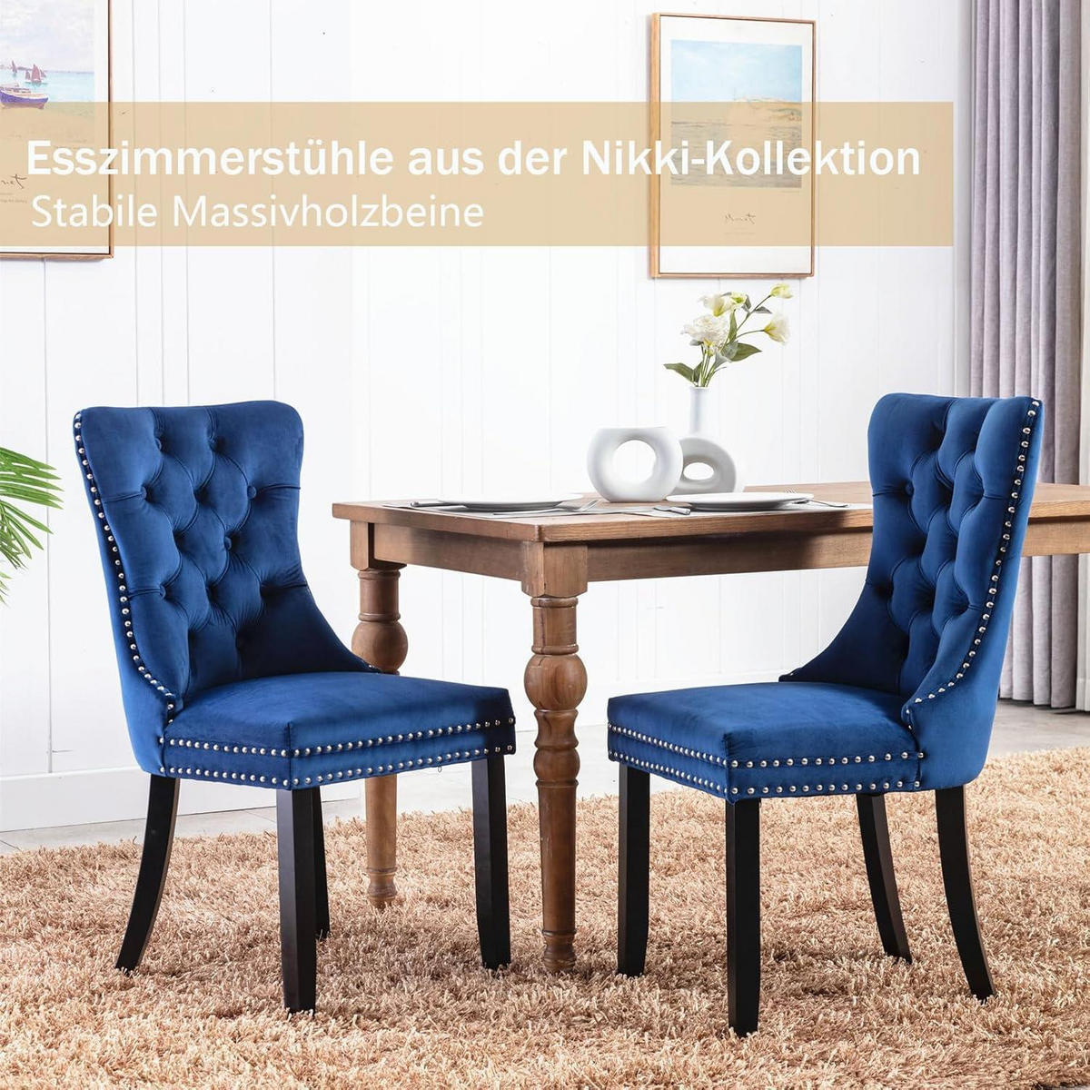 ESSZIMMERSTUHL 2er-Set Samt Blau mit Massivholzbeinen - Blau, Textil (50/95.2/62cm)