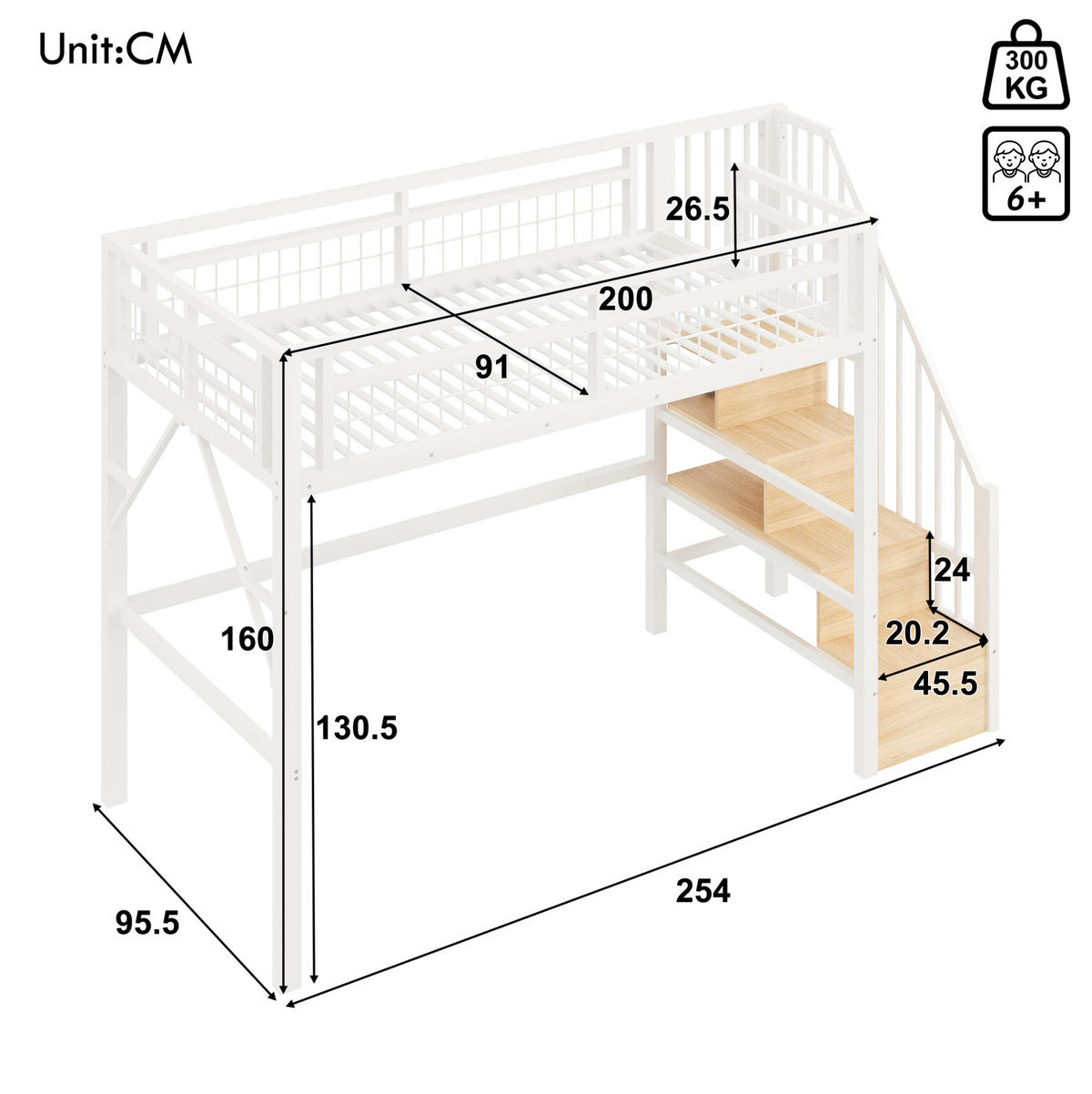 HOCHBETT 90/200 cm Weiß mit LED und Stauraum ohne Matratze - Weiß, Metall (90/200cm) - MIVRAY