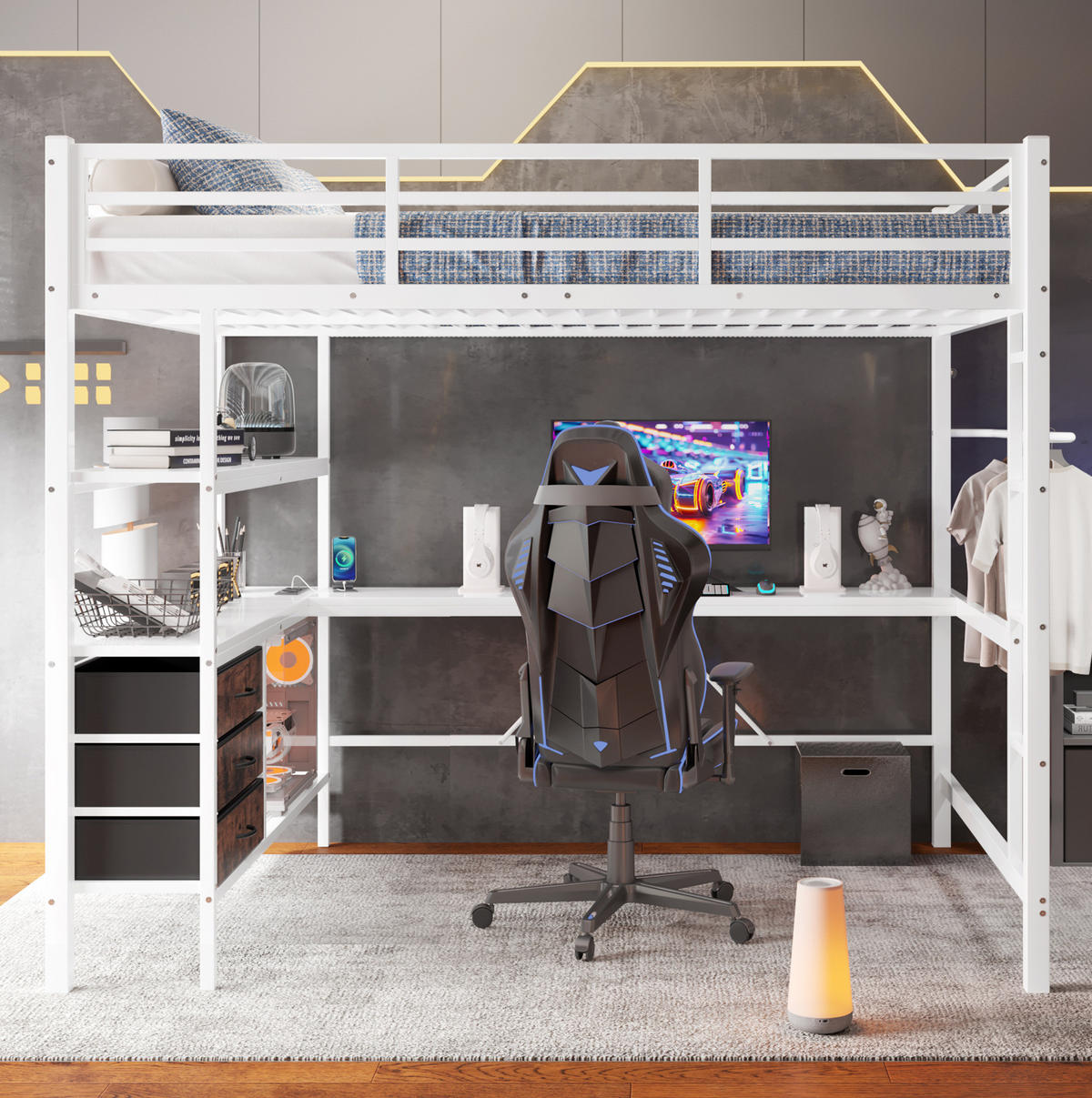 HOCHBETT 140/200 cm Weiß mit LED-Beleuchtung mit Schreibtisch mit Steckdose + USB mit 3 Schubladen - Weiß, Metall (140/200cm) - OKWISH