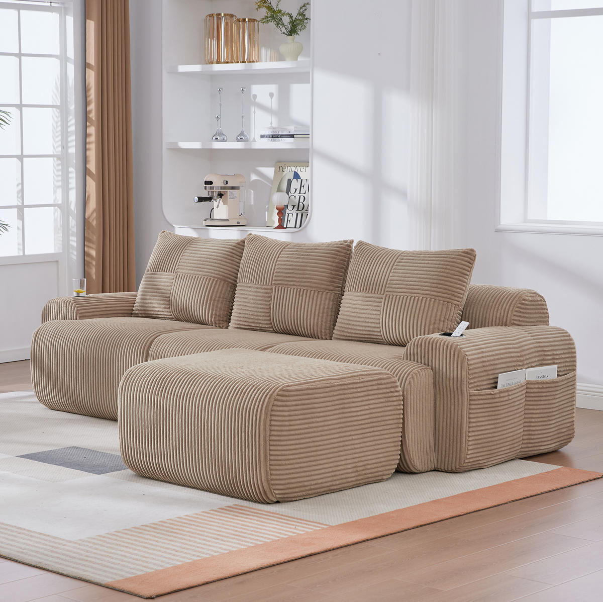 MODULARES 3-Sitzer Sofa Cordstoff mit Hocker Getränkehalter und Seitentasche 268/174/80 cm Sandfarben - Sandfarben, Textil (174/268cm) - Redom
