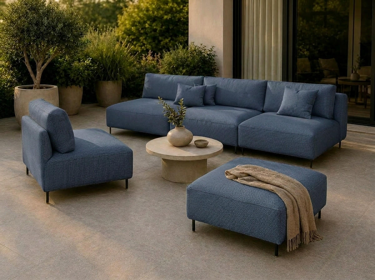 GARTEN Lounge Set SUN – Outdoor Möbel Set mit Sofa, Sessel und Hocker, UV-beständig und wasserabweisend - Blau, Textil - A&J MöbelLand