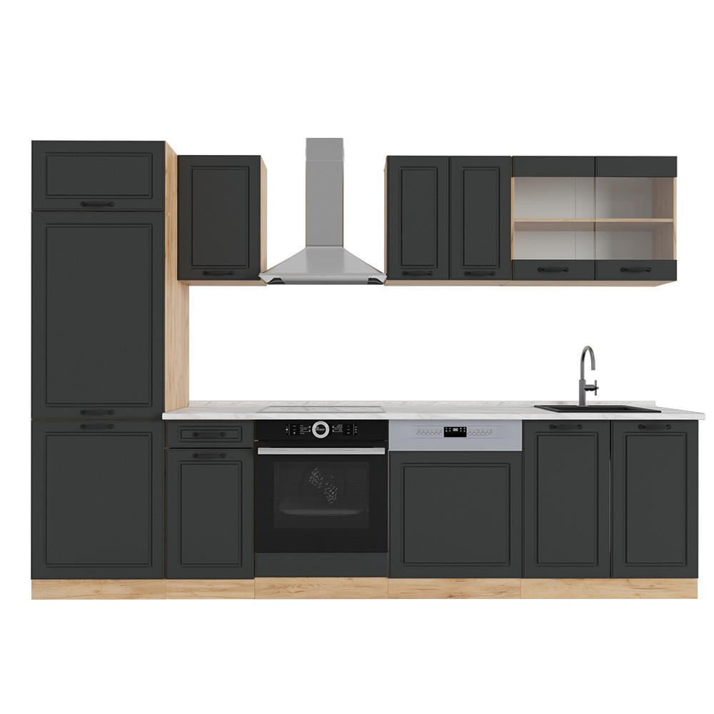 KUHINJSKI BLOK R-Line Antracitna podeželska hiša/zlati hrast 300 cm , DP Marmor - medeni hrast/antracit, leseni material (300/81.6/60cm) - Vicco