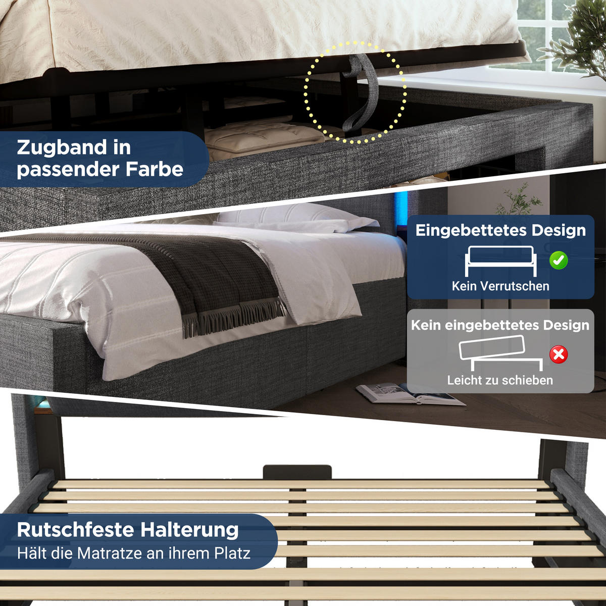 POLSTERBETT 160/200 cm mit LED, USB- und USB-C-Anschluss, hydraulischem Stauraum und Schublade, Leinen, Grau - Grau, Textil (160/200cm) - Redom