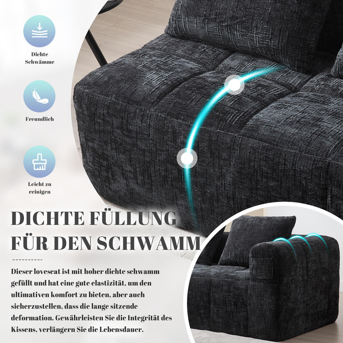 SOFA od chenillea, 158/90/60 cm crna, s bočnim džepovima i jastukom - crna, tekstil (60/160/90cm) - BEAOK