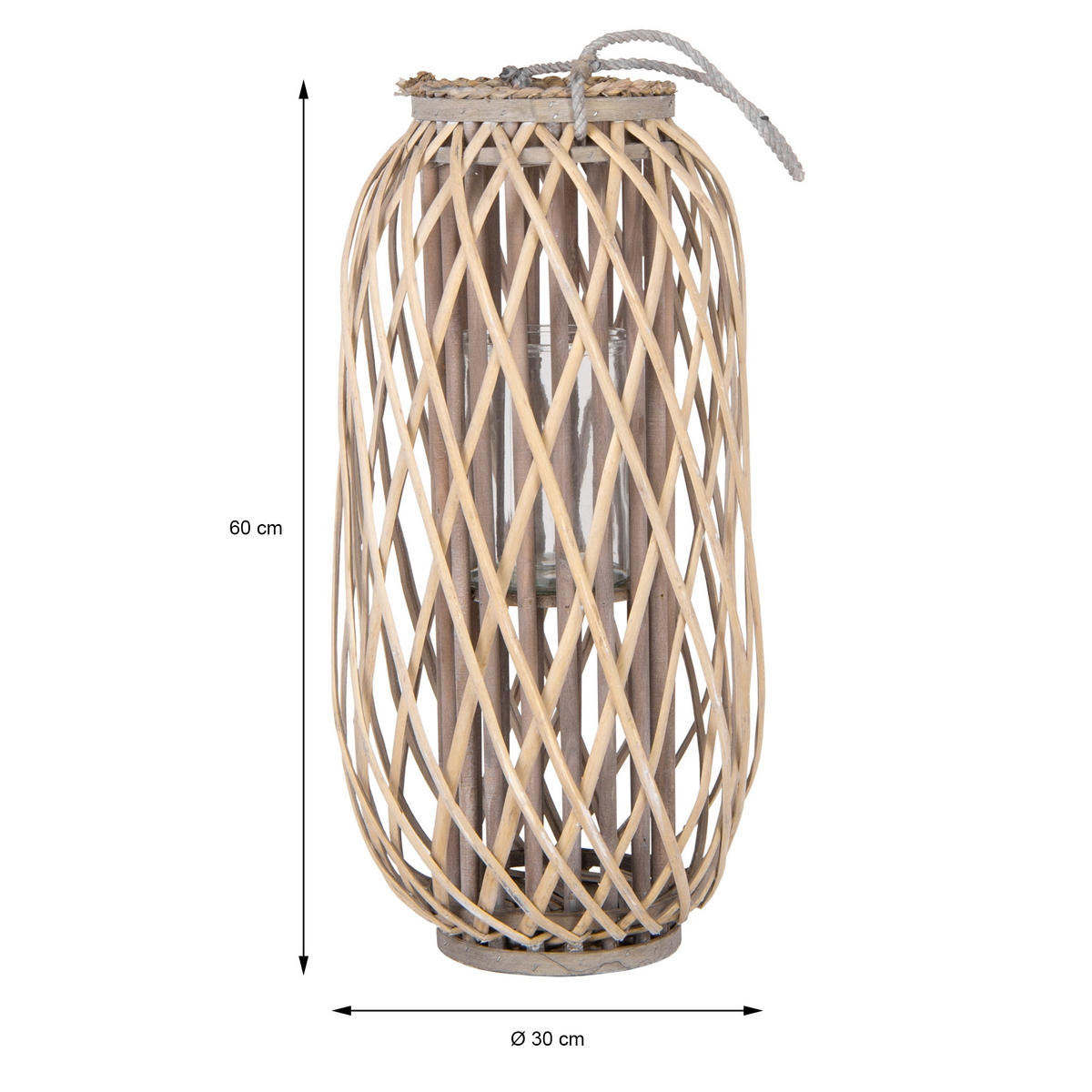 LATERNA Ried 60xØ30 cm přírodní s uchem a skleněnou vložkou - hnědá, přírodní materiály (30/60/30cm) - ECD-Germany