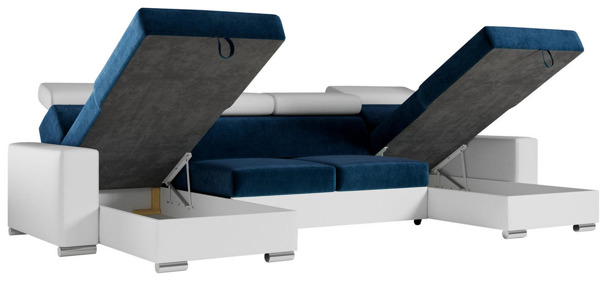 WOHNLANDSCHAFT FOX U Dunkelblau/Weiß - Velvet/Kunstleder - Silberfarben/Dunkelblau, Kunststoff/Textil (306/98/168cm) - MKS