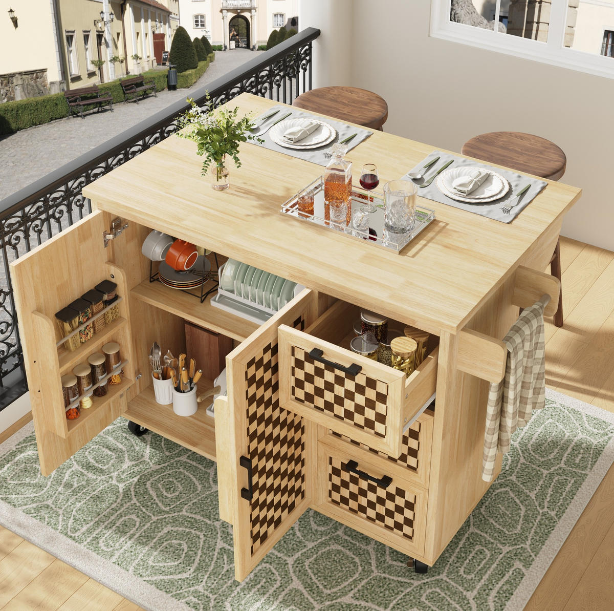 KÜCHENINSEL 120/45-75/92 cm natur mit klappbarer Tischplatte und Rollen - Naturfarben, Holzwerkstoff (120/92/45cm) - OKWISH