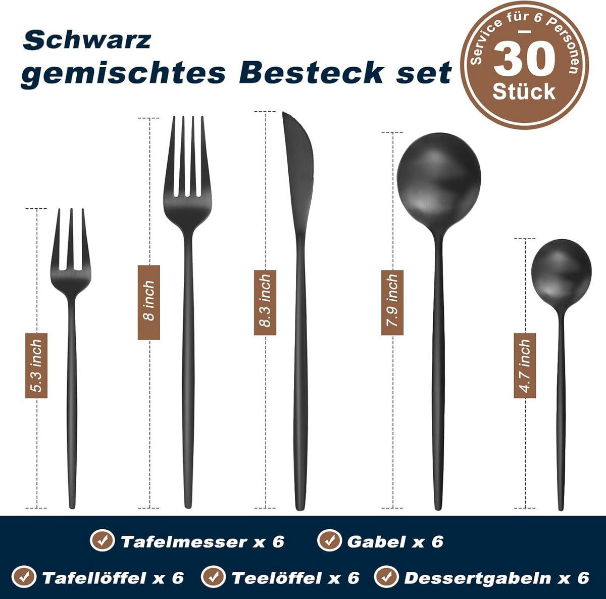 BESTECKSET 6 Personen 30-teilig Edelstahl, Spülmaschinenfest - Schwarz, Metall - Kaket