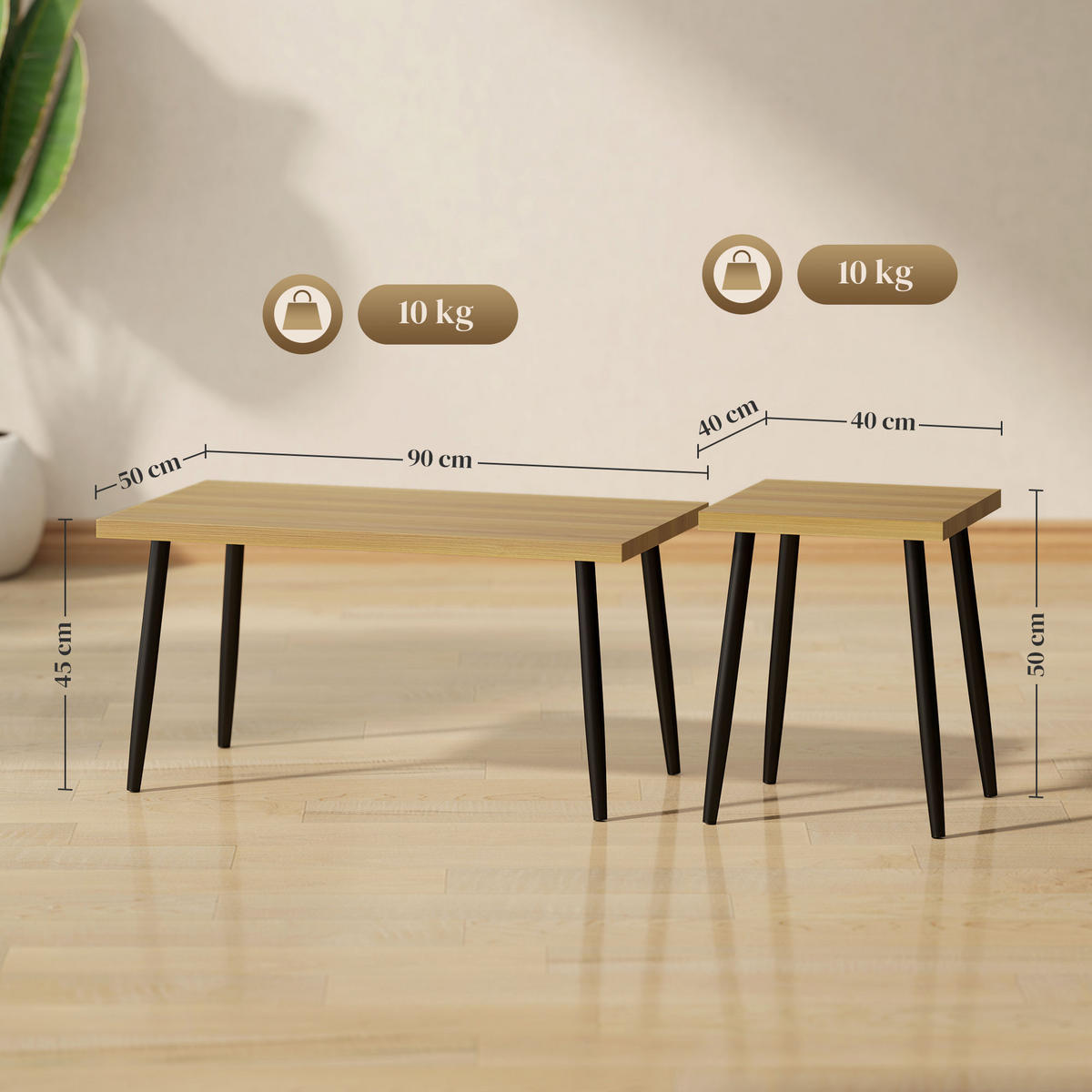 COUCHTISCH 2er Set Beistelltisch mit Stahlrahmen, für Wohnzimmer Natur - Naturfarben, Holzwerkstoff (90/50/45cm) - HOMCOM