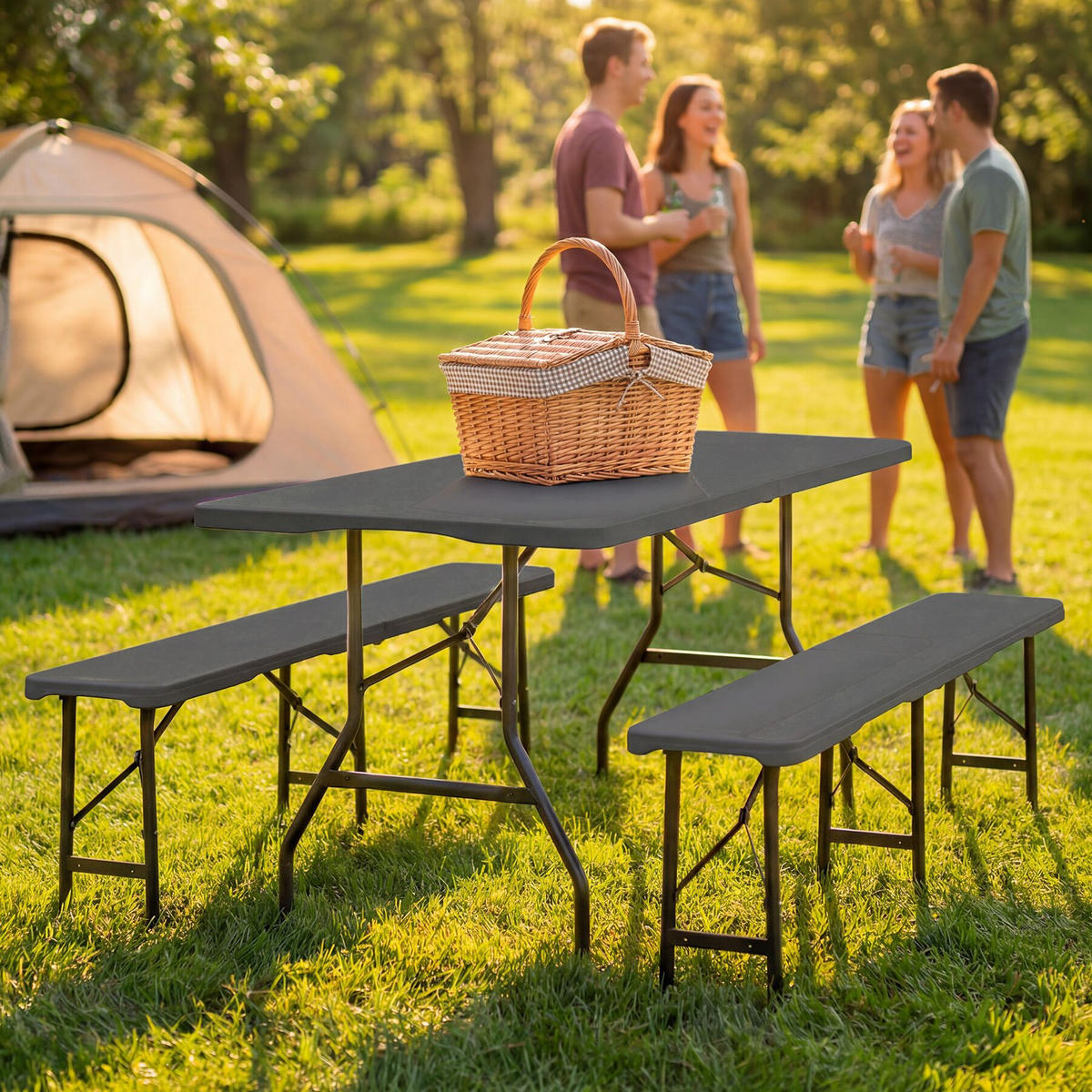 CAMPINGTISCHGARNITUR Panja, gummierte Tragegriffe, anthrazit - Anthrazit, Kunststoff (70/180/74cm) - tectake