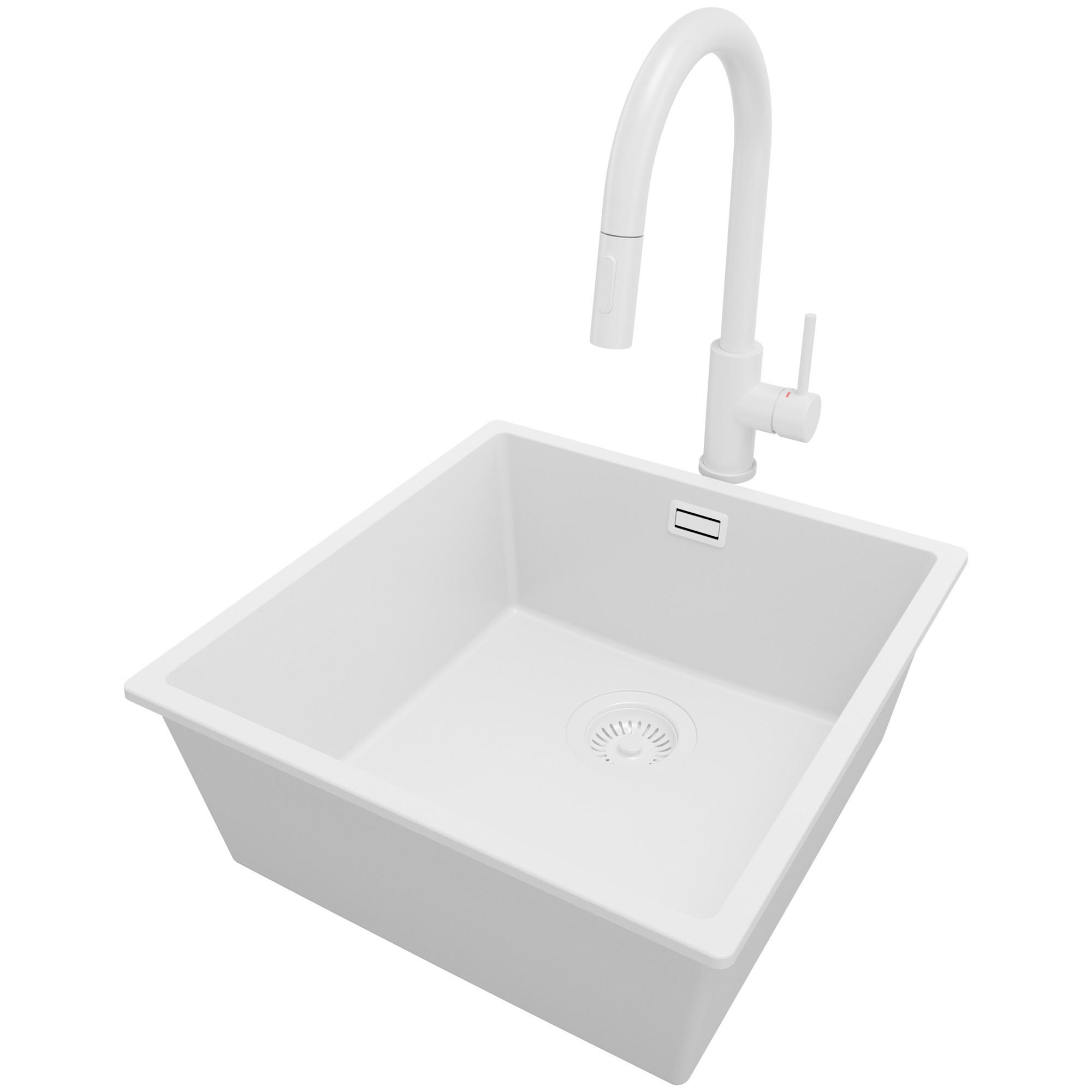 UNTERBAUSPÜLE GRANIT London, 2-er set Alles Weiß 46/47 cm 1 Becken + Küchenarmatur 40/20 cm + Ablauf-Set ab 50er Unterschrank - Weiß, Kunststoff (46/20/47cm) - Primagran