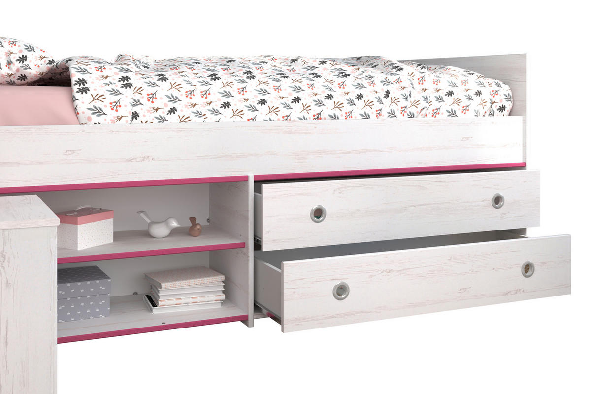 JUGENDZIMMER Smoozy 26 in Kiefer Weiß mit rosa ODER blauen Absetzungen 4 teilig - Weiß, Holzwerkstoff (120/200/80cm)