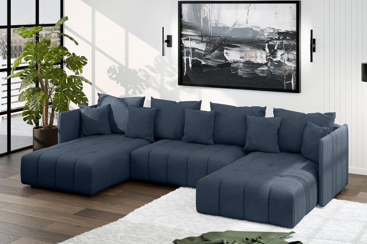 WOHNLANDSCHAFT Veliro U Blau 353/180/83 cm mit Schlaffunktion und Bettkasten - Blau/Schwarz, Kunststoff/Textil (353/83/180cm) - AX Living