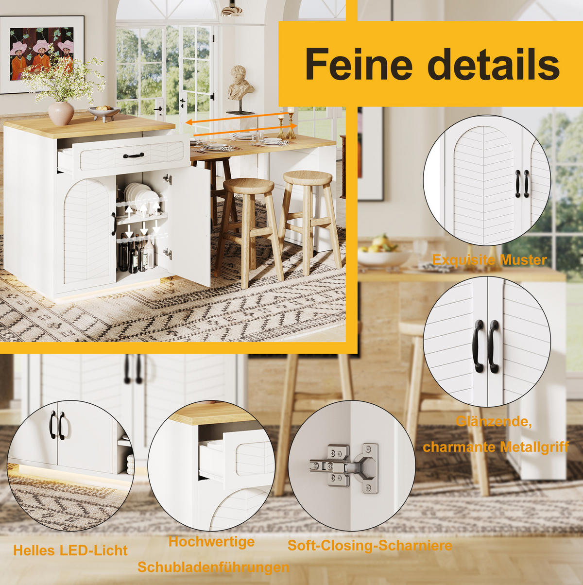 KÜCHENINSEL 80/70/95,5 cm weiß aus MDF mit Ausziehtisch - Weiß, Holzwerkstoff (80/95.5/70cm) - OKWISH