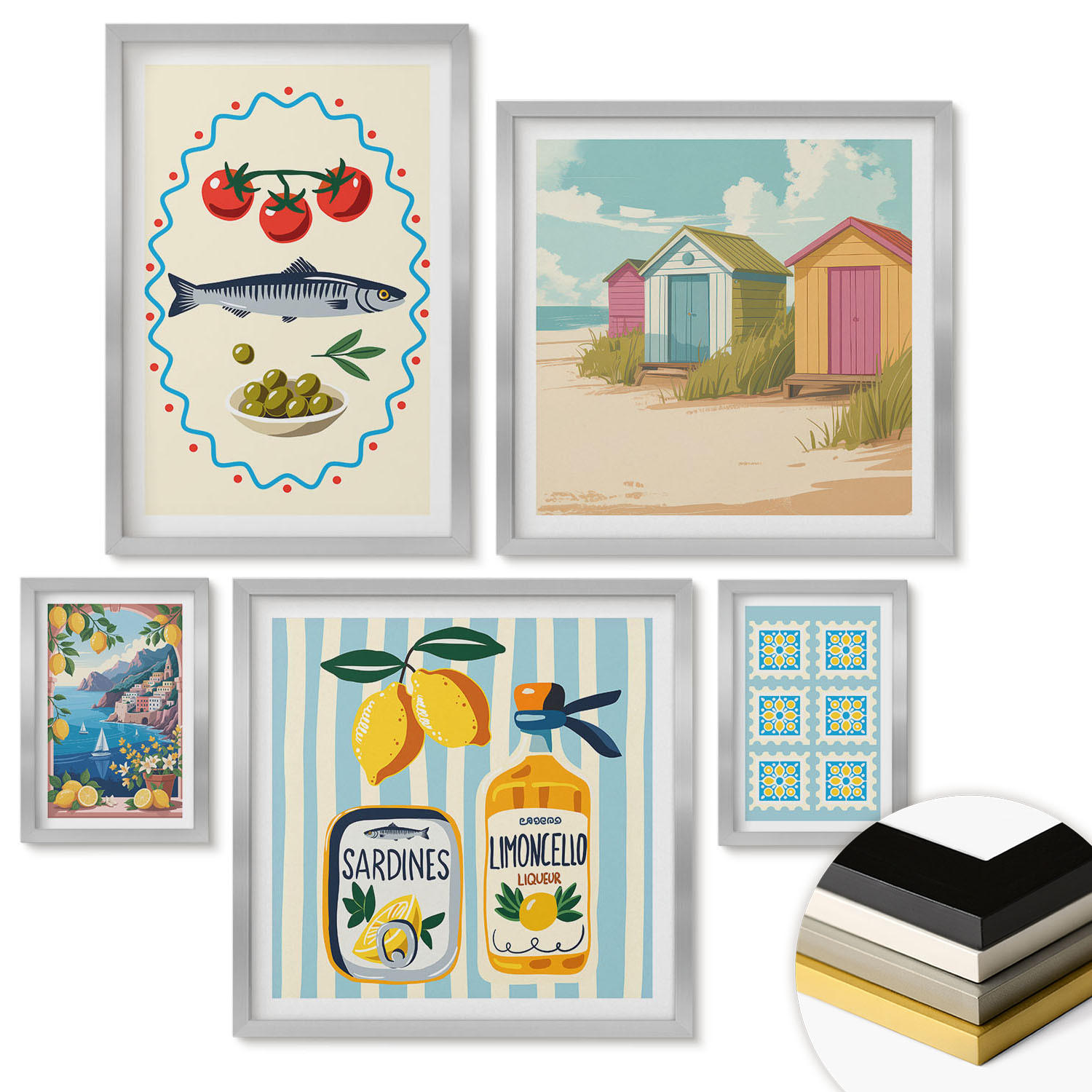 WANDBILDER 5er Set - 50x50 cm & 20x30 cm & 40x60 cm Silberner Rahmen - Blumenwein Mailand Paris - Silberfarben, Kunststoff (40/60cm) - ArtPrintCave