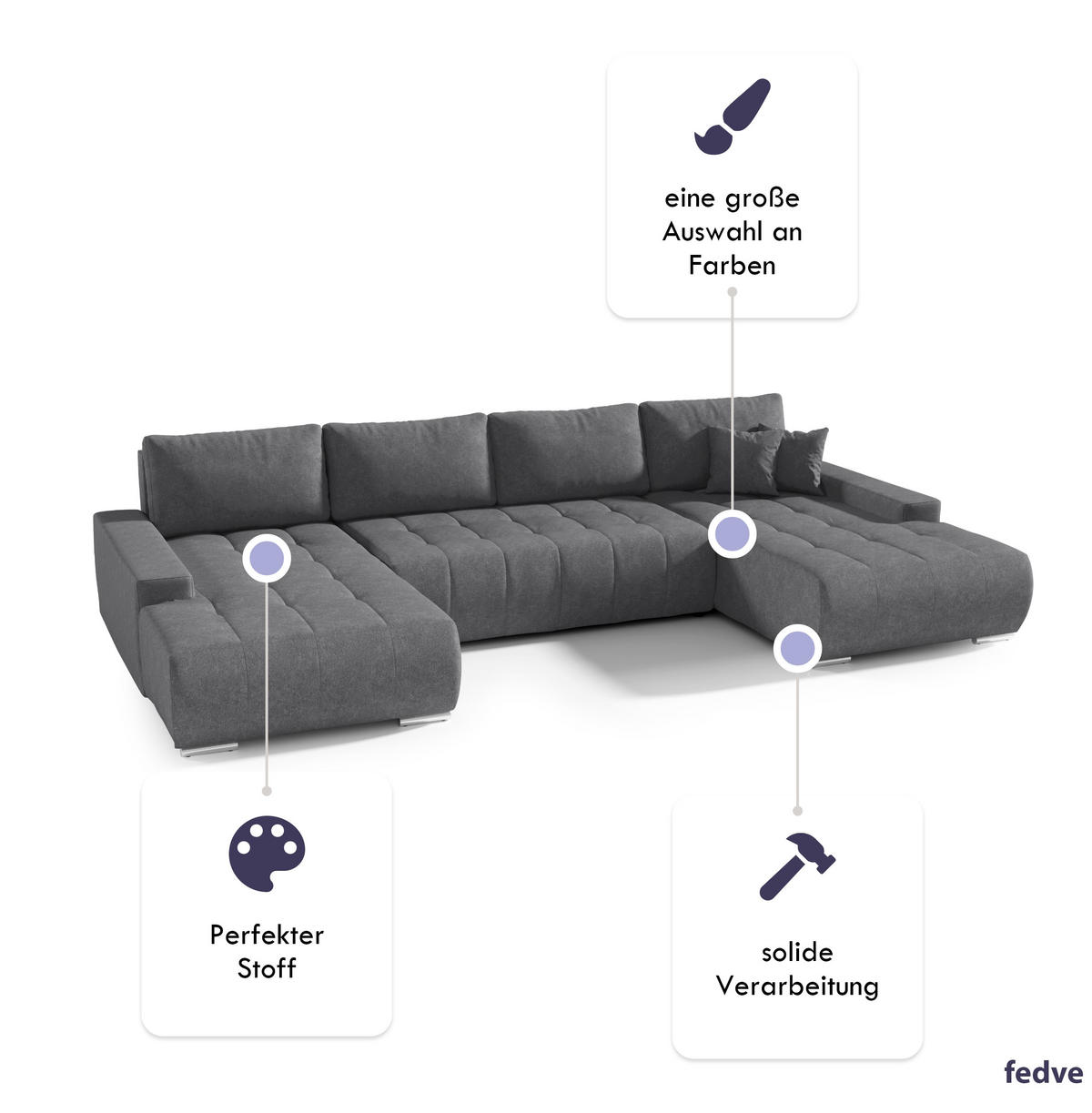WOHNLANDSCHAFT mit Schlaffunktion Dhaka U, Grau - Grau, Textil (185/85/350cm) - Fedve