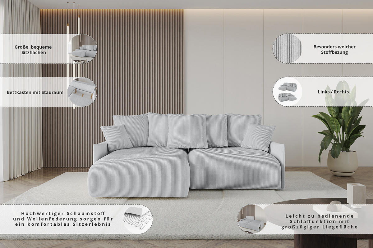ECKSOFA mit Schlaffunktion und Bettkasten ONESK-L -v1 208x165x40 Hellgrau Cord - Hellgrau, Holzwerkstoff/Kunststoff (208/165cm) - ALTDECOR