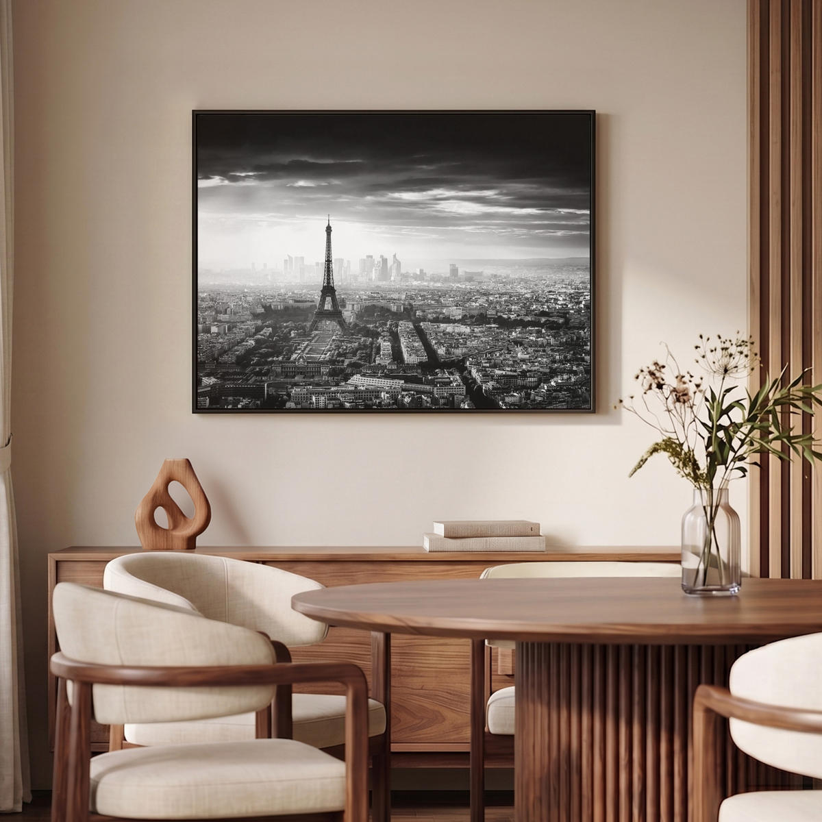 LEINWAND Bilder mit Rahmen - Paris - Skyline - Eiffelturm - Stadt - Wolken - 100x70 - Dunkelgrau, Textil (100/70cm) - MuchoWow