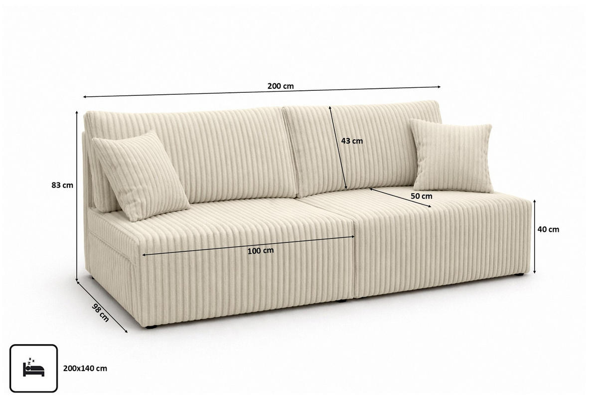 SOFA Mit Schlaffunktion Und Bettkasten, Cordstoff Tilia, Ecru, BEST MINI - Ecru, Holz (200/83/98cm) - Kaiser Möbel