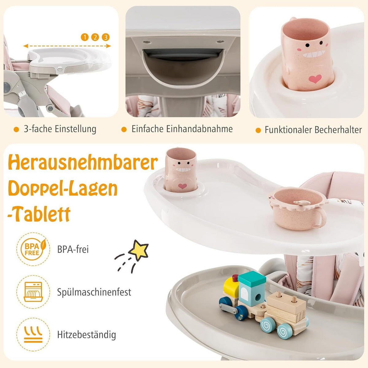 KINDERHOCHSTUHL Höhenverstellbar rosa - Pink, Kunststoff (102/92/55cm) - COSTWAY