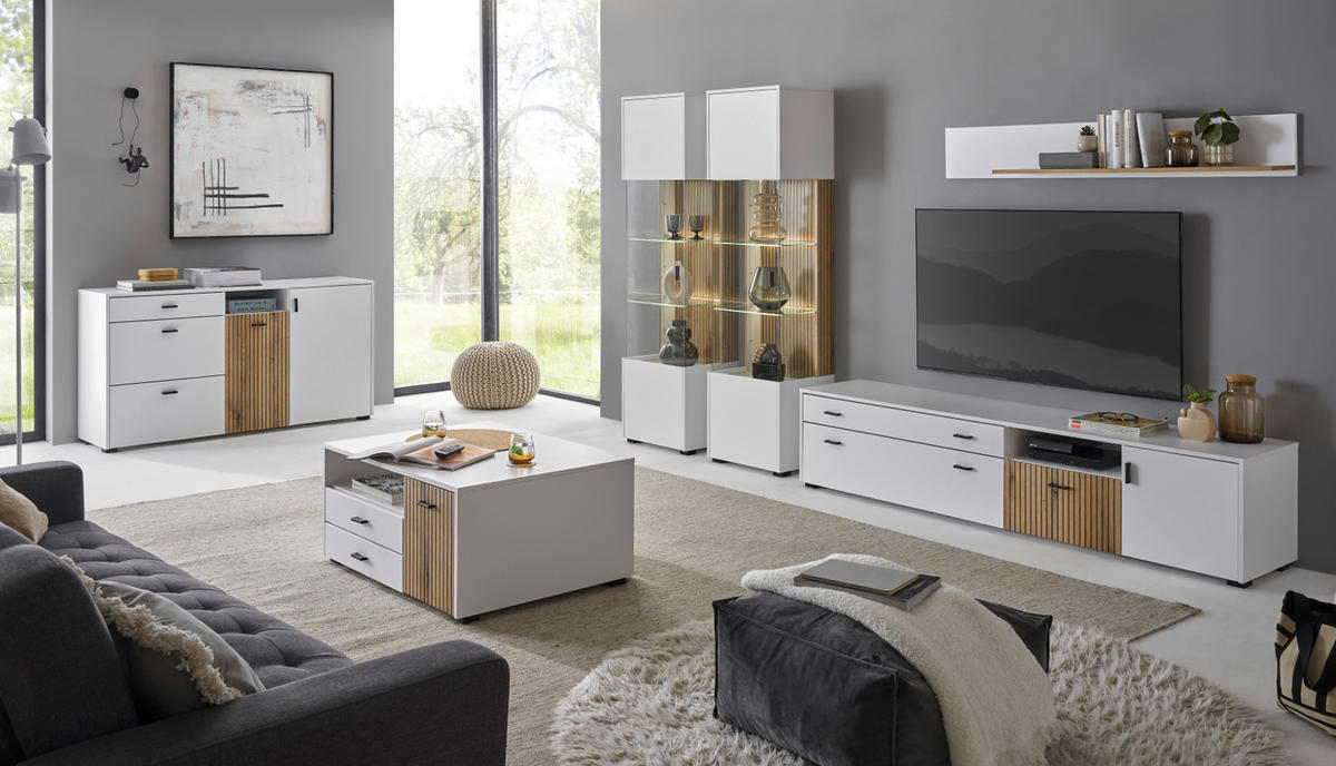 WOHNWAND weiß matt, Eiche 3-teilig 258 x 180 cm, Schrankwand mit viel Stauraum und Soft-Close-Funktion - Eichefarben/Schwarz, Glas/Holzwerkstoff (258/180/42cm)