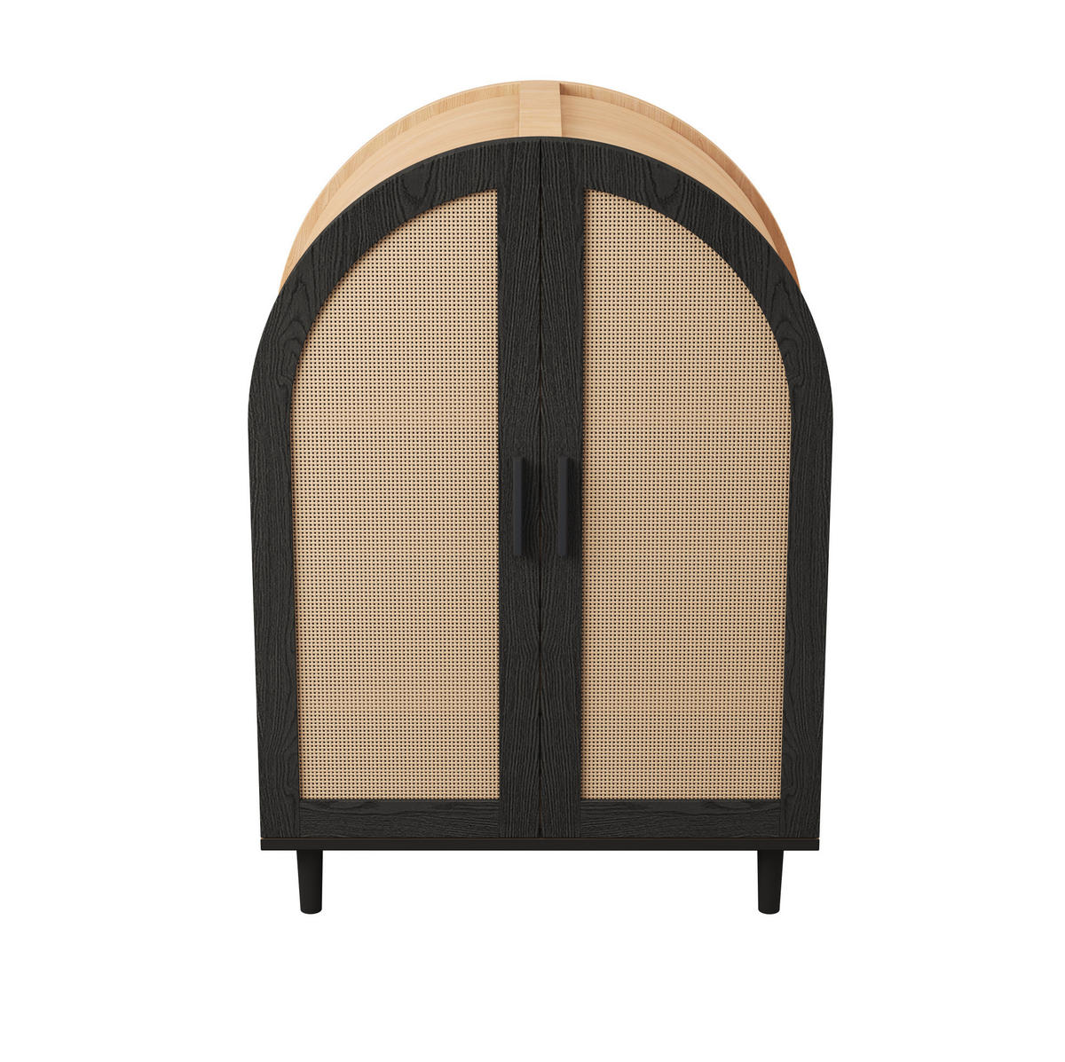 BOTNÍK z MDF a dřevotřísky 70x100x40 cm přírodní/černý se 2 ratanovými dvířky, 3 policemi a tlumeným dovíráním - přírodní, kompozitní dřevo (70/100/40cm) - Modfu