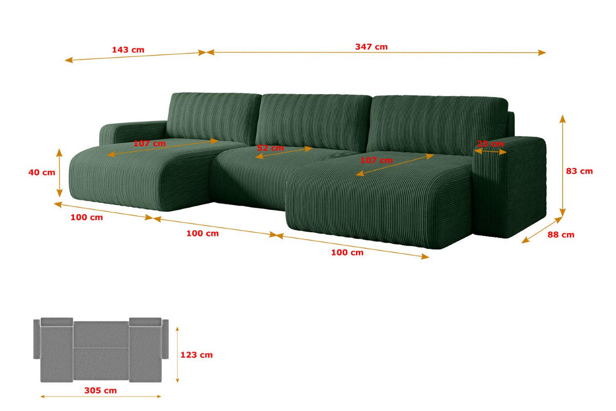 WOHNLANDSCHAFT mit Schlaffunktion und Bettkasten KLEEA-U - 347x143x83 cm Grün Cord - Schwarz/Grün, Holzwerkstoff/Kunststoff (347/83/143cm) - ALTDECOR