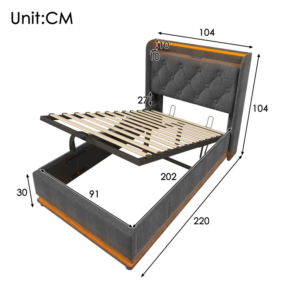 POLSTERBETT mit LED-Beleuchtung 90/200 cm mit Bettkasten & USB-C, Grau - Grau, Textil (90/200cm) - BEAOK
