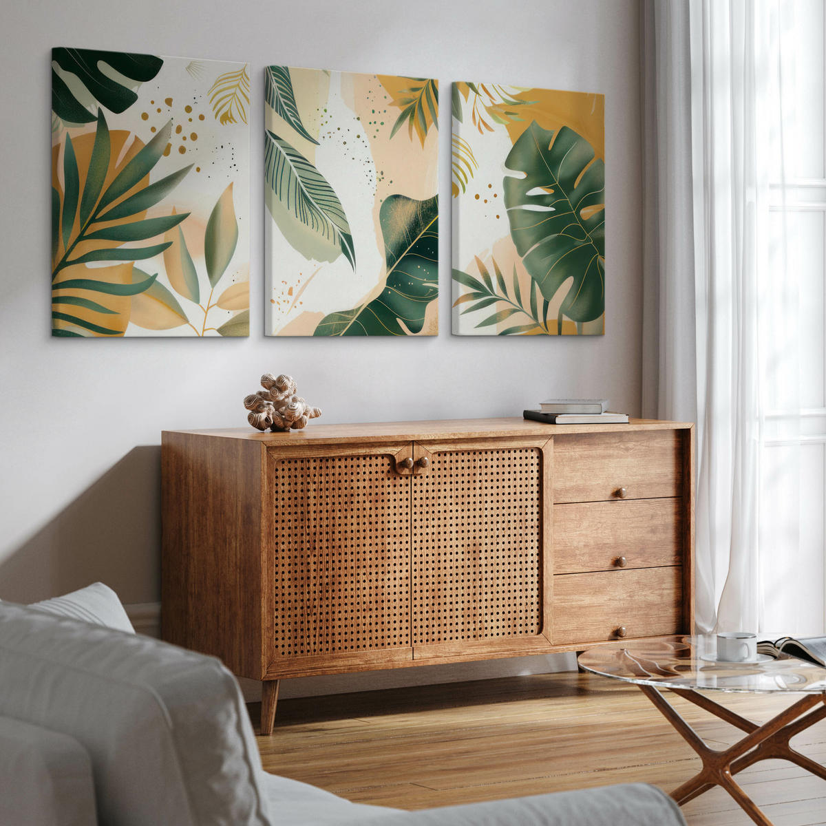 LEINWANDBILDER 3-es Set Blätter Boho - Beige/Weiß, Textil (90/40cm) - Muralo