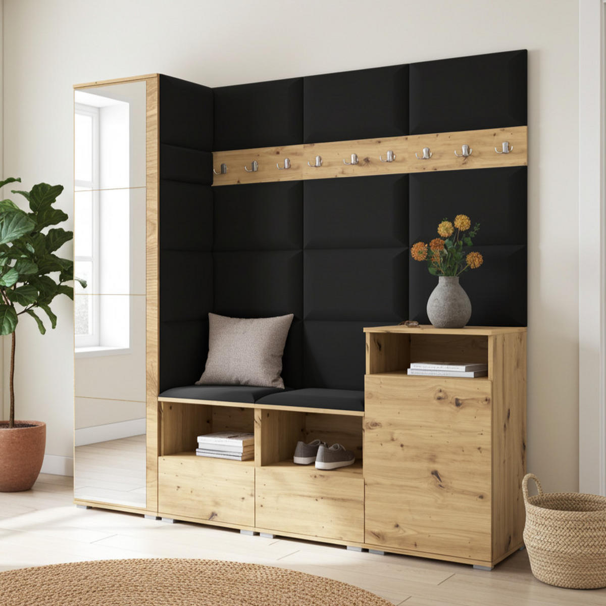 GARDEROBE NELA X 200 cm (Modulare Flurmöbel Artisan Eiche mit Spiegel & Sitzpolster Schwarz 16 Schrank + Sideboard) - Silberfarben/Schwarz, Holz/Holzwerkstoff (200/187/40cm) - Ravio