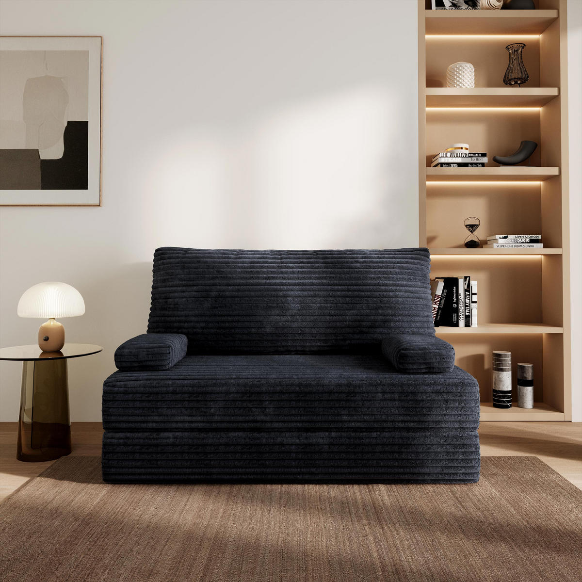 BETTSOFA LADIA aus Schaumstoff Cordstoff Schwarz Schlaffunktion - Schwarz, Textil (140/86/60cm) - MASSENO