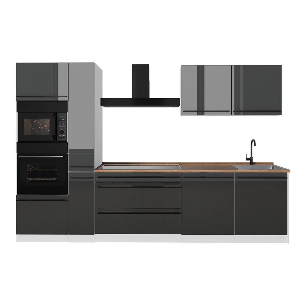 KUCHYNKA R-Line, Antracit vysoký lesk/biely, 310 cm Goldkraft tammi työtaso - biela/antracitová, kompozitné drevo (310/206.8/60cm) - Vicco
