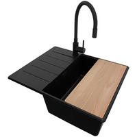 GRANITSPÜLE Kopenhagen, 2-er set Alles Schwarz 62/50 cm 1 Becken + Küchenarmatur 40/38 cm + Ablauf-Set + Schneidebrett ab 45er Unterschrank - Beige/Schwarz, Kunststoff (62/20/50cm) - Primagran