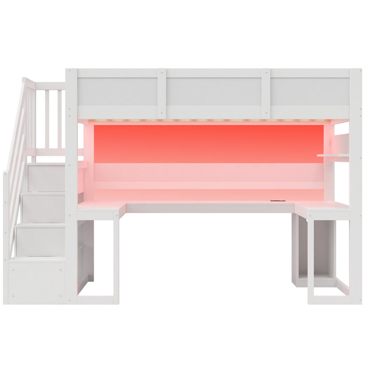 HOCHBETT aus MDF und Sperrholz 90x200 cm Weiß mit Schreibtisch, Stauraumtreppe, LED und USB - Weiß, Holzwerkstoff (90/200cm) - Modfu