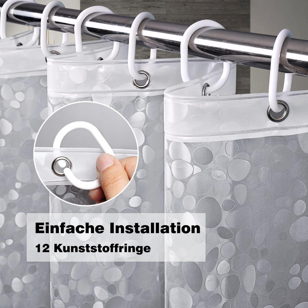 DUSCHVORHANG PEVA mit Magnet beschwert wasserdicht transparent waschbar schimmelresistent antibakteriell mit Ringen - Transparent, Kunststoff (1/1cm) - MCBOSON