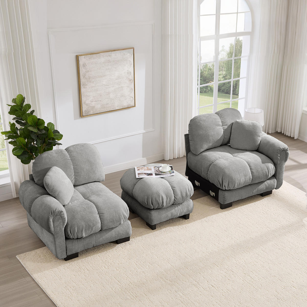 ECKSOFA DE-34384 L-Form mit Ottoman und Steppdesign Hellgrau - Hellgrau, Textil (149/190cm) - ComfortXL