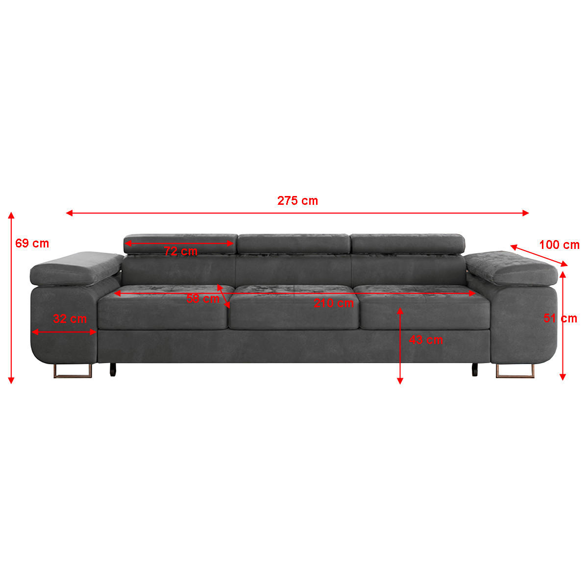SCHLAFSOFA Wilson 3 Sitzplätze Dunkelgrau - Grau, Textil (275/69/100cm) - Petits-meubles